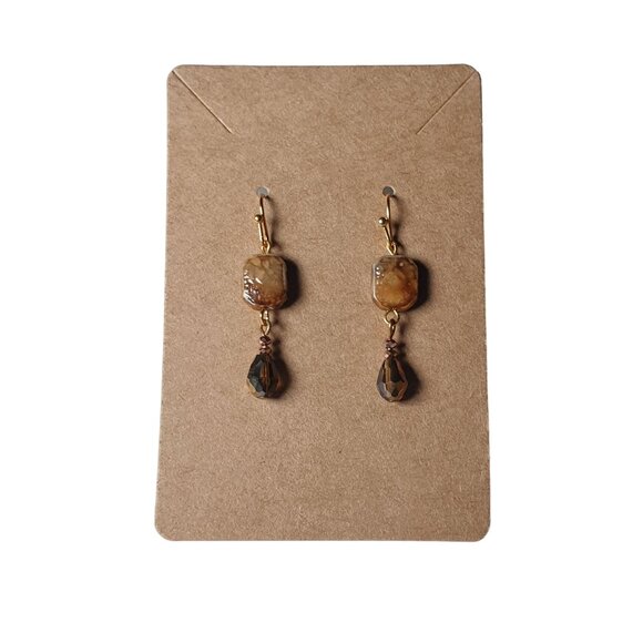 Handcrafted Gold Tone Brown Faux Stone Drop Earrings Elegant Jewelry for Women - Picture 2 of 3